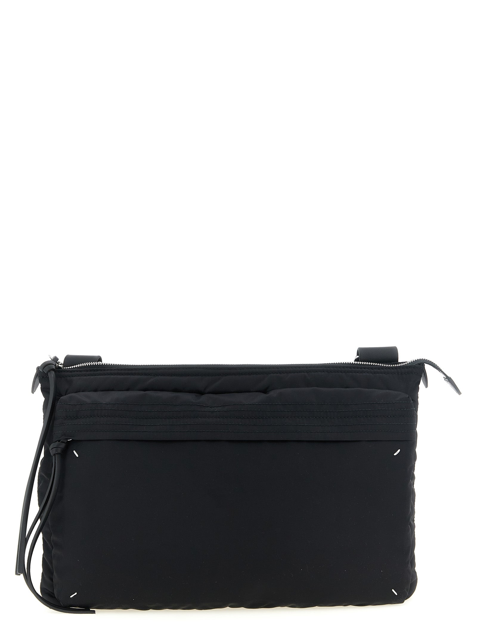 East West Crossbody Messenger Bag by Maison Margiela for men in polyamide patent leather black, silver, white & signature showcases a stylish Four Stitches Zip Computer Polyamide Patent Leather East West Crossbody Messenger Bag design, featuring a secure zipper and ample external-pockets with versatile crossbody-strap, shoulder-strap & adjustable-strap for a stylish look.
