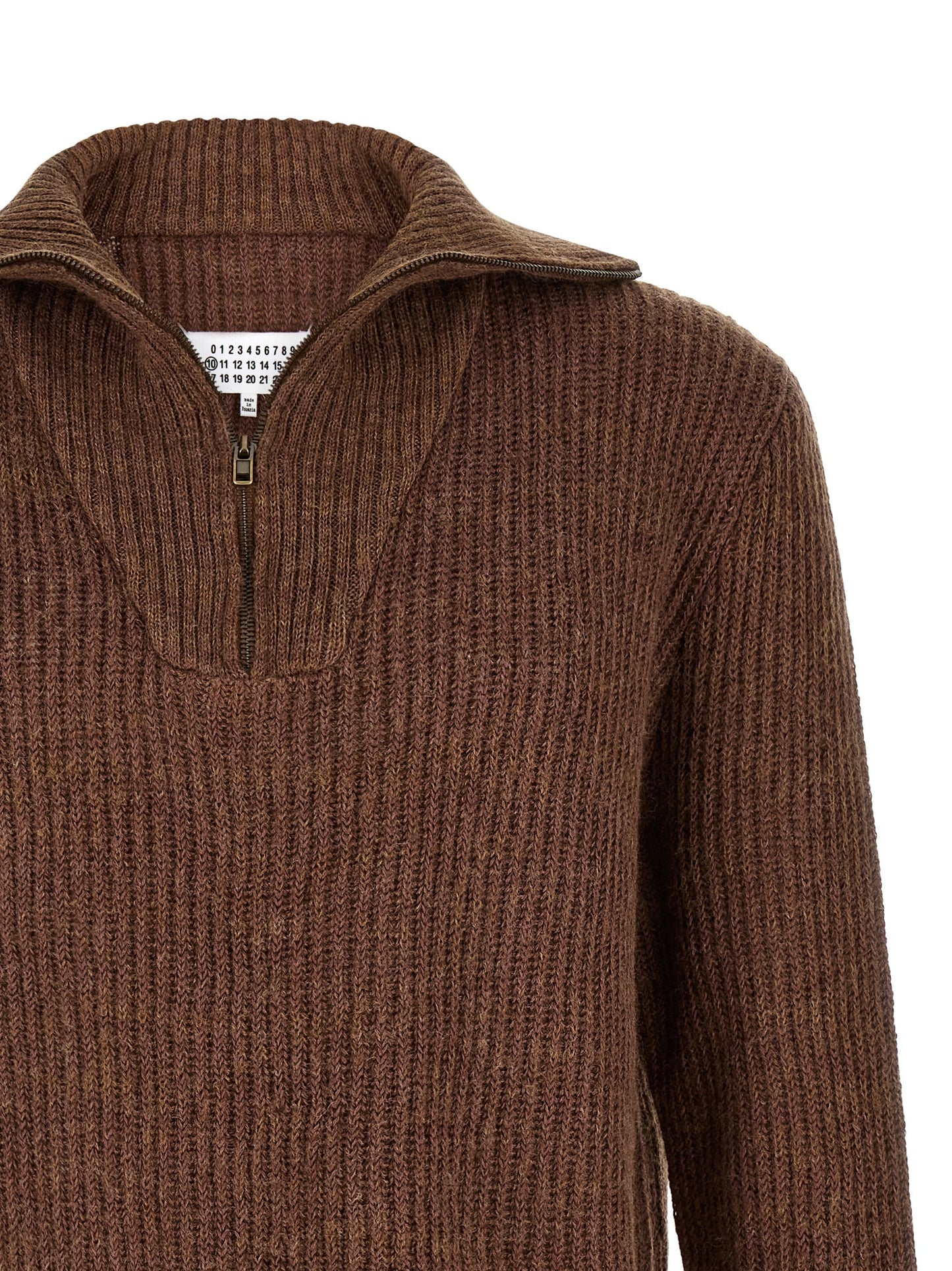 Cardigan by Maison Margiela for men in linen & wool brown features a dramatic silhouette, showcasing a sophisticated and dramatic detail for a timeless, premium look.