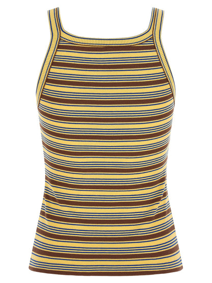 T-Shirt by Fendi for women in cotton & leather blue, brown, multicolor, yellow, patterned & striped showcases a chic silhouette, artfully detailed with a chic and for a chic finish.