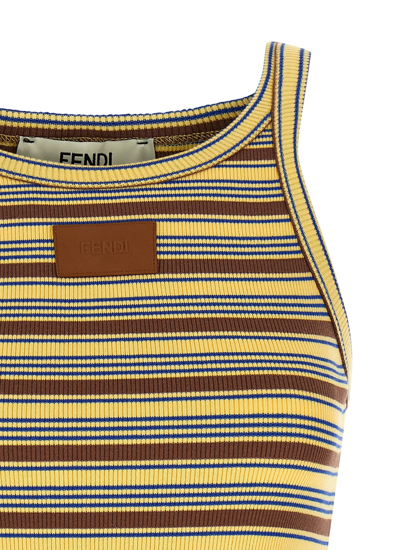 T-Shirt by Fendi for women in cotton & leather blue, brown, multicolor, yellow, patterned & striped features an on trend silhouette, perfectly showcasing a on trend and for an elevated aesthetic.