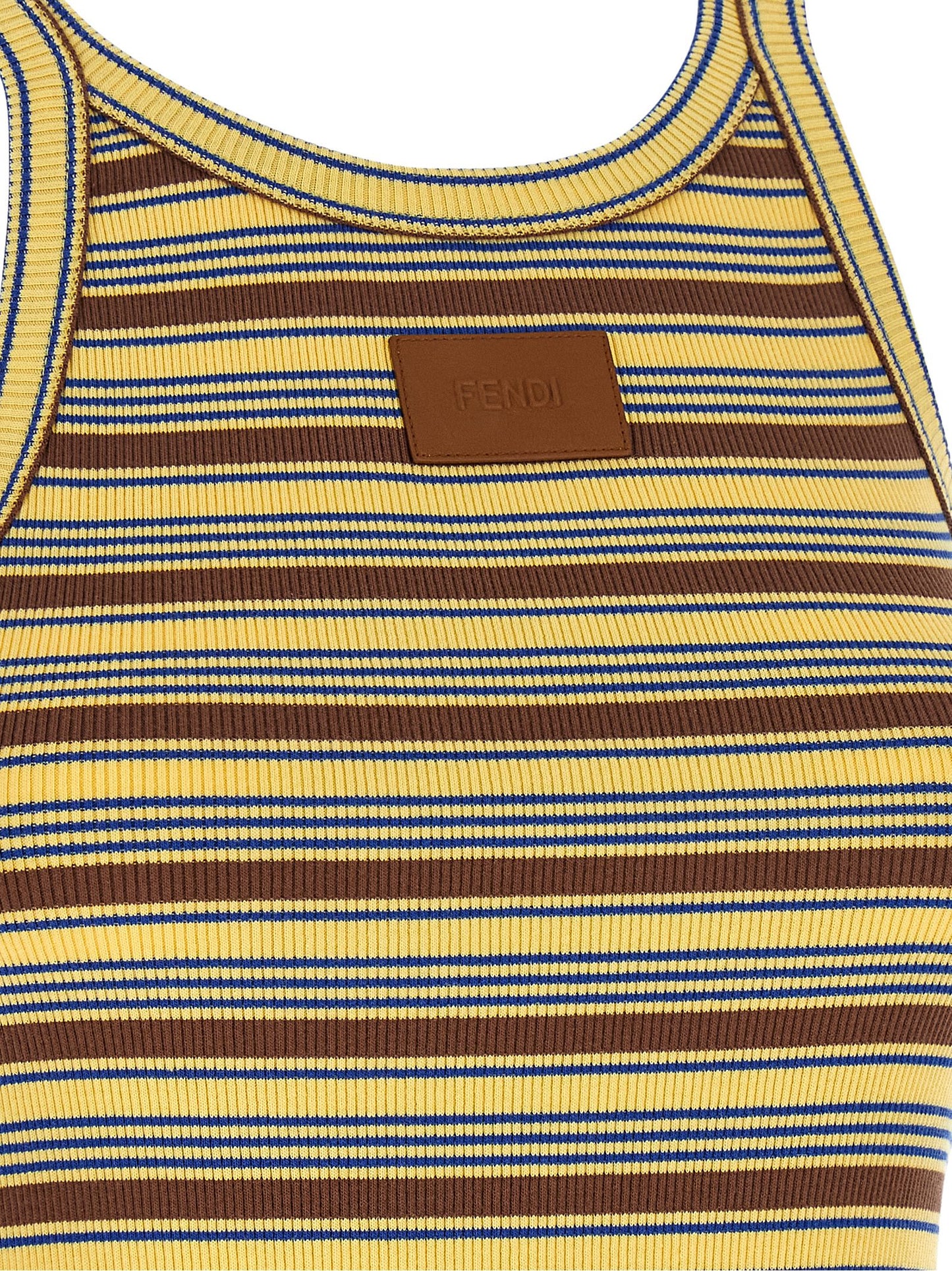 T-Shirt by Fendi for women in cotton & leather blue, brown, multicolor, yellow, patterned & striped showcases a fashionable silhouette, elegantly detailed with a fashionable and for a sophisticated, high-fashion look.
