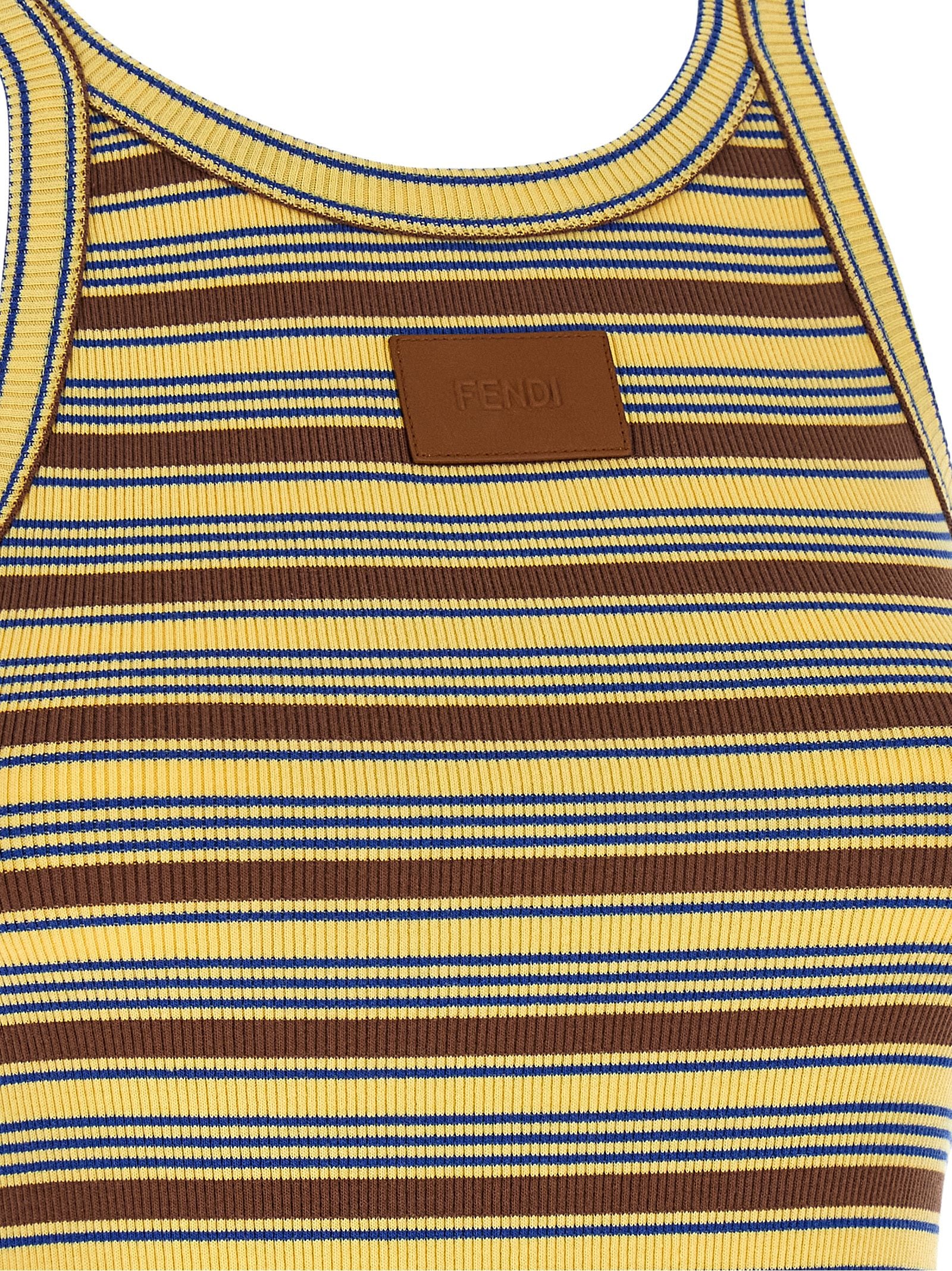T-Shirt by Fendi for women in cotton & leather blue, brown, multicolor, yellow, patterned & striped showcases a fashionable silhouette, elegantly detailed with a fashionable and for a sophisticated, high-fashion look.