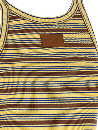 T-Shirt by Fendi for women in cotton & leather blue, brown, multicolor, yellow, patterned & striped showcases a fashionable silhouette, elegantly detailed with a fashionable and for a sophisticated, high-fashion look.