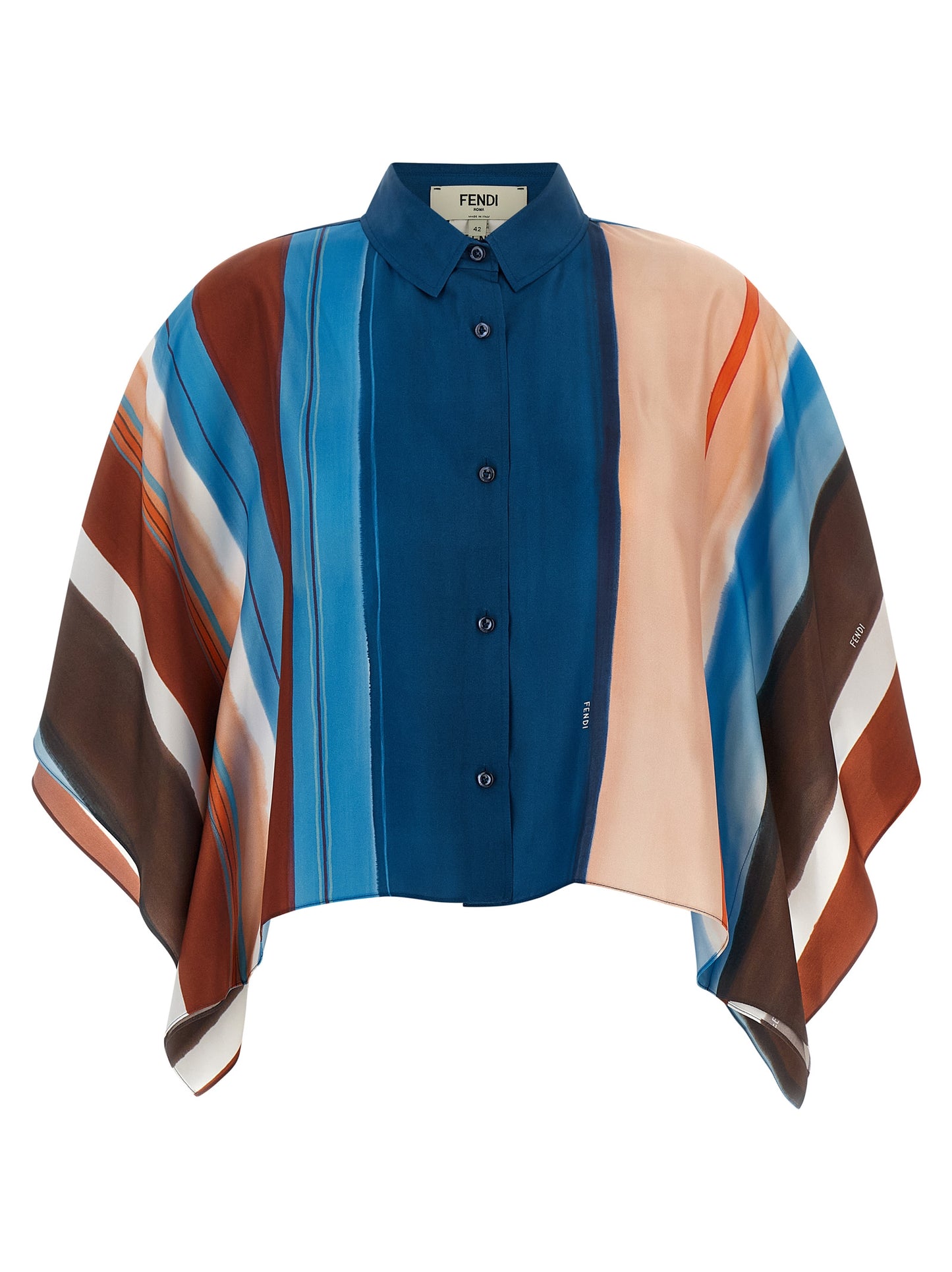 Fendi Women's Crop Top Wide Silk Blouse - Blue Brown Multicolor Peach Patterned Striped