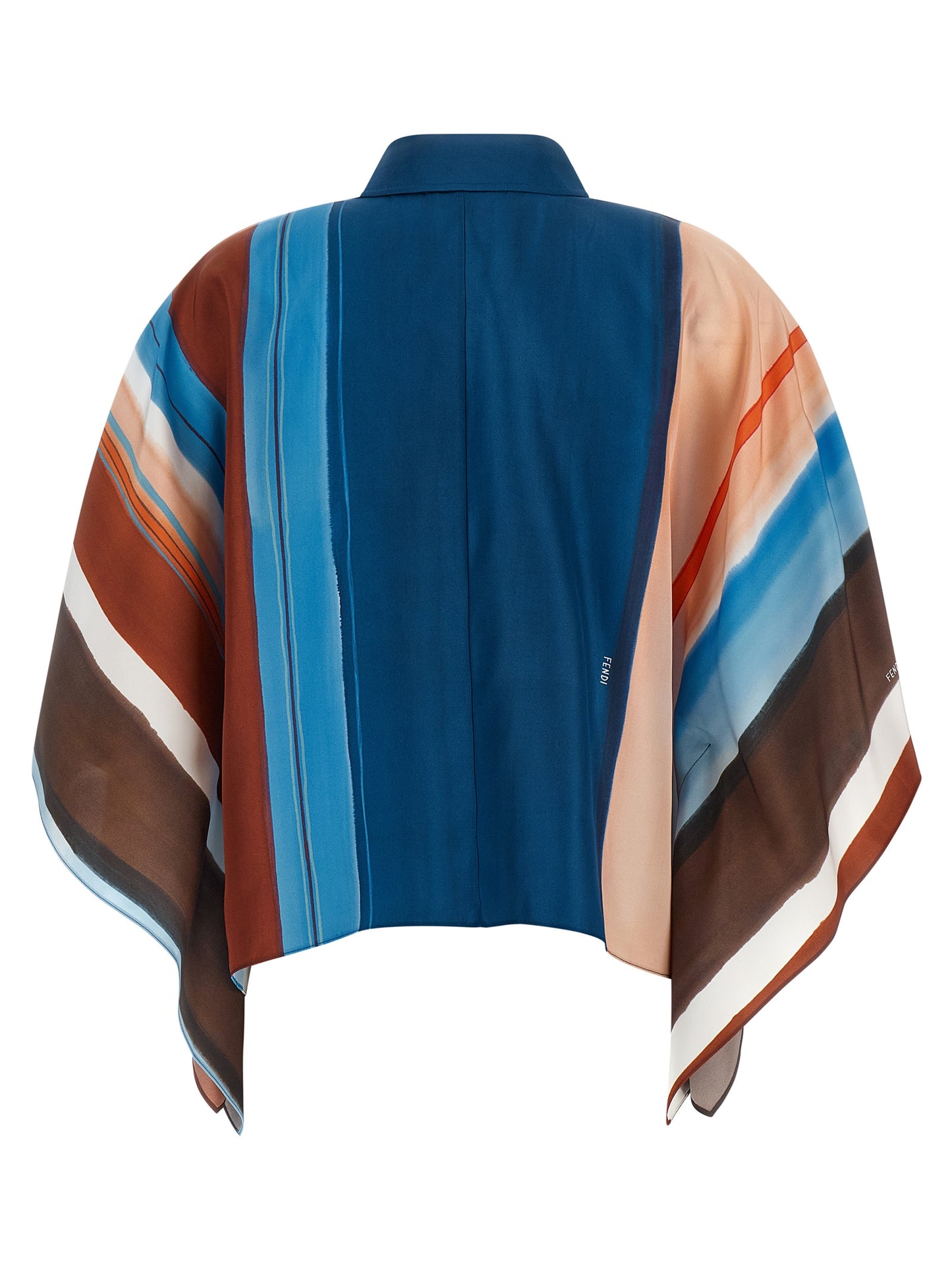 Fendi Women's Crop Top Wide Silk Blouse - Blue Brown Multicolor Peach Patterned Striped