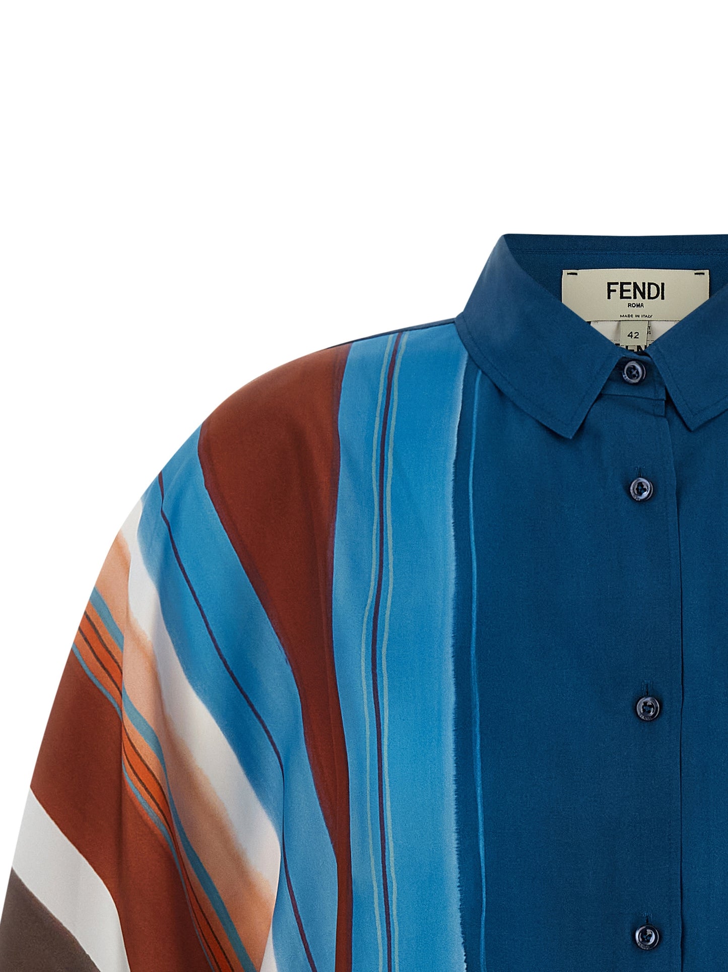 Fendi Women's Crop Top Wide Silk Blouse - Blue Brown Multicolor Peach Patterned Striped