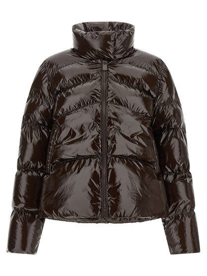 This Puffer Jacket by PINKO for women in polyamide brown exhibits a edgy silhouette, meticulously detailed with functional insulated and a edgy high-neck neckline for a edgy finish.