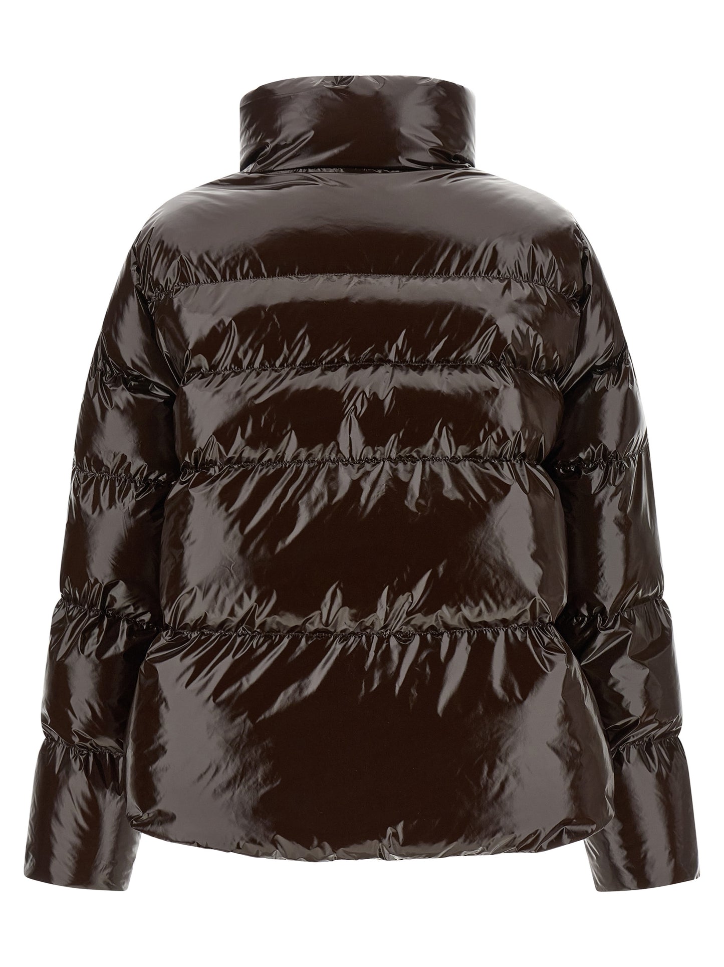 Puffer Jacket by PINKO for women in polyamide brown showcases a bohemian silhouette, artfully detailed with a bohemian high-neck neckline and signature insulated for a truly bohemian finish.