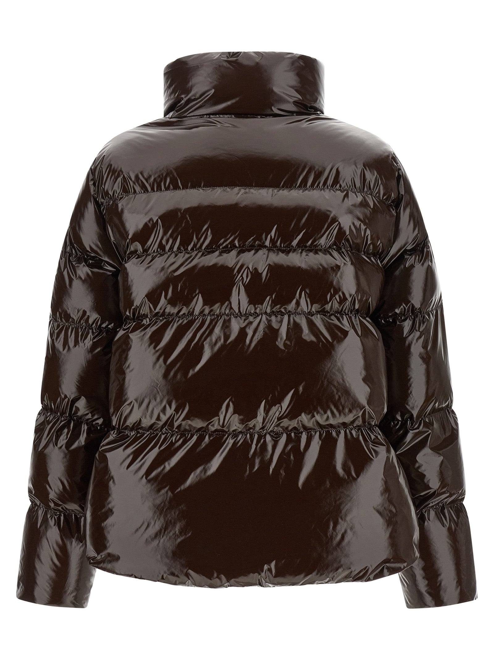 Puffer Jacket by PINKO for women in polyamide brown showcases a bohemian silhouette, artfully detailed with a bohemian high-neck neckline and signature insulated for a truly bohemian finish.