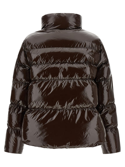 Puffer Jacket by PINKO for women in polyamide brown showcases a bohemian silhouette, artfully detailed with a bohemian high-neck neckline and signature insulated for a truly bohemian finish.