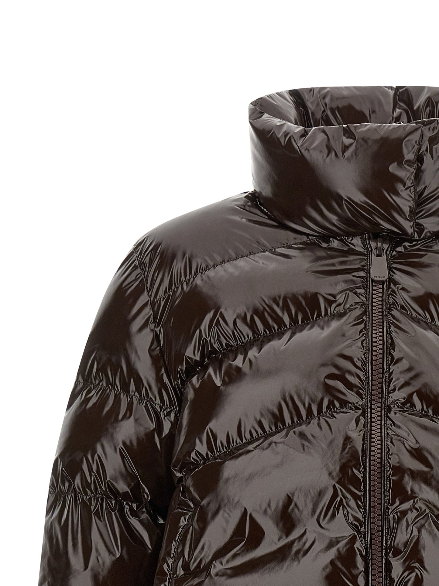 Puffer Jacket by PINKO for women in polyamide brown features an contemporary silhouette, showcasing a sophisticated high-neck neckline and contemporary insulated for a truly refined look.