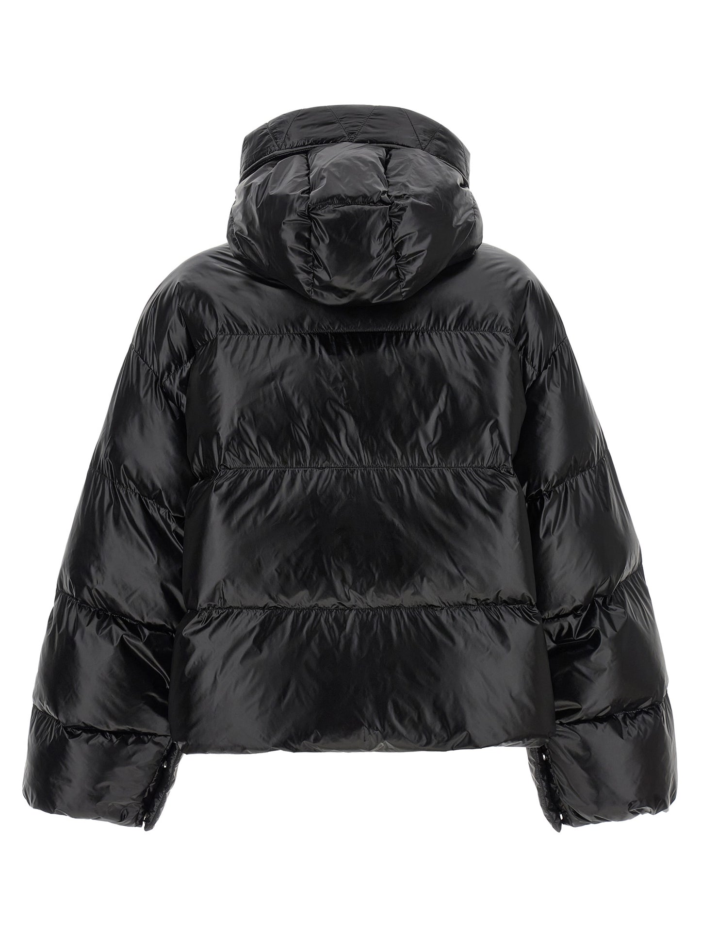 Hooded Puffer Jacket by PINKO for women in polyamide black features a dramatic silhouette, showcasing a sophisticated hooded neckline and distinctive hooded, insulated & windproof for a dramatic aesthetic.