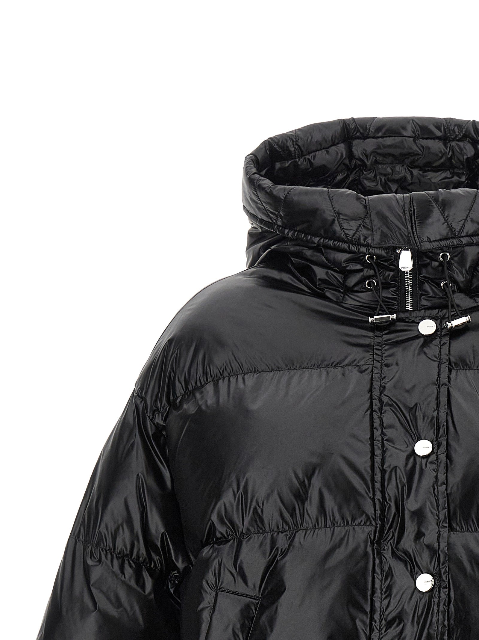 Hooded Puffer Jacket by PINKO for women in polyamide black showcases a bohemian silhouette, artfully detailed with a bohemian hooded neckline and signature hooded, insulated & windproof for a truly bohemian finish.