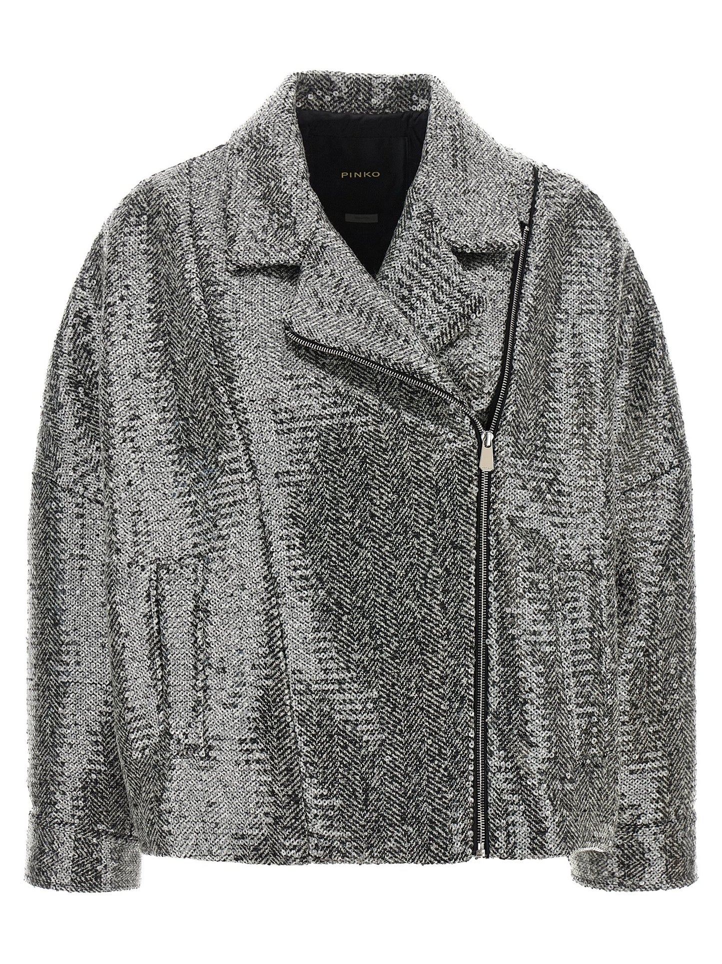 Bomber Jacket by PINKO for women in poly cotton viscose wool sequins black, silver, patterned & herringbone features an contemporary silhouette, showcasing a sophisticated and contemporary for a truly refined look.