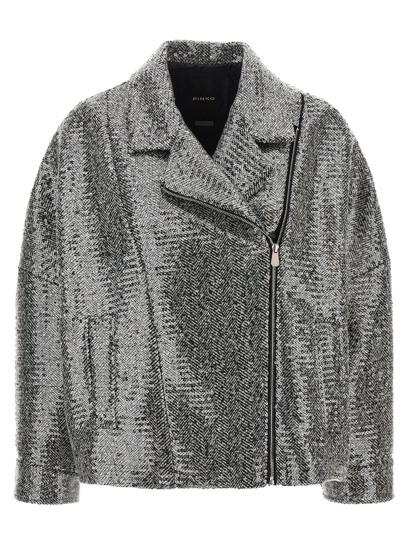 Bomber Jacket by PINKO for women in poly cotton viscose wool sequins black, silver, patterned & herringbone features an contemporary silhouette, showcasing a sophisticated and contemporary for a truly refined look.