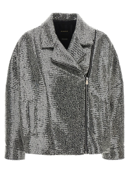 Bomber Jacket by PINKO for women in poly cotton viscose wool sequins black, silver, patterned & herringbone features an contemporary silhouette, showcasing a sophisticated and contemporary for a truly refined look.