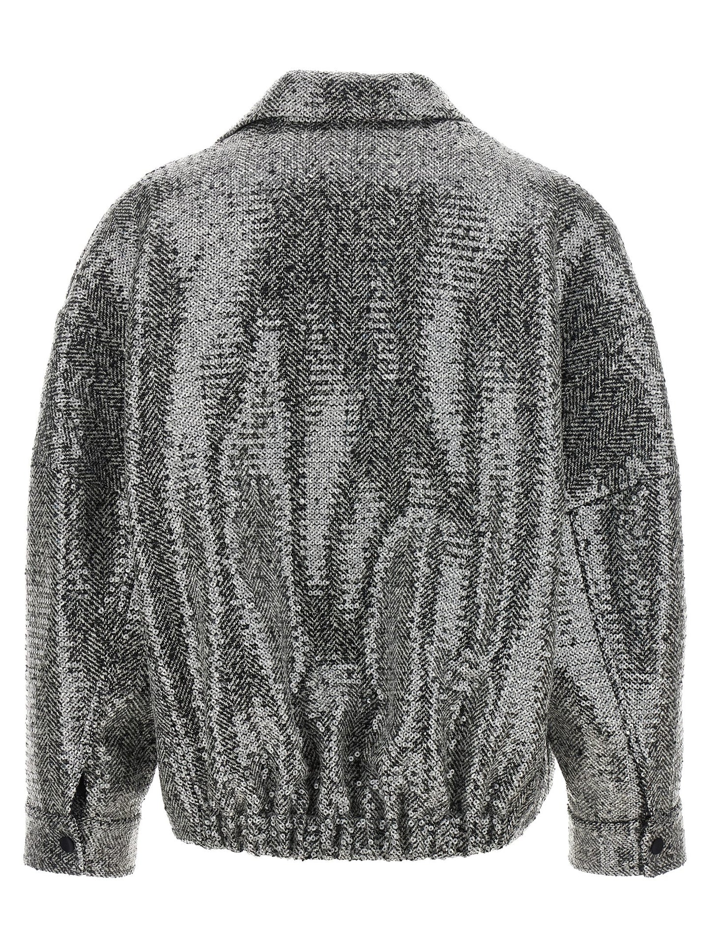 Bomber Jacket by PINKO for women in poly cotton viscose wool sequins black, silver, patterned & herringbone features a dramatic silhouette, showcasing a sophisticated and distinctive for a dramatic aesthetic.