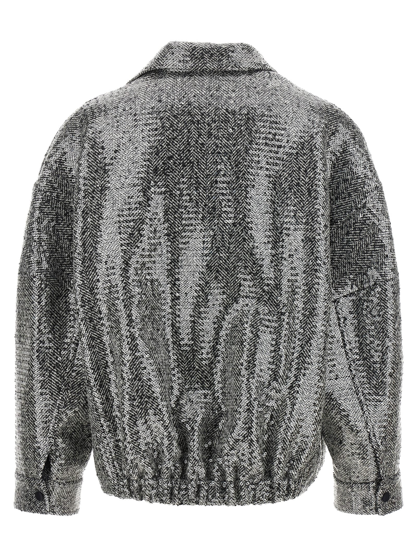 Bomber Jacket by PINKO for women in poly cotton viscose wool sequins black, silver, patterned & herringbone features a dramatic silhouette, showcasing a sophisticated and distinctive for a dramatic aesthetic.
