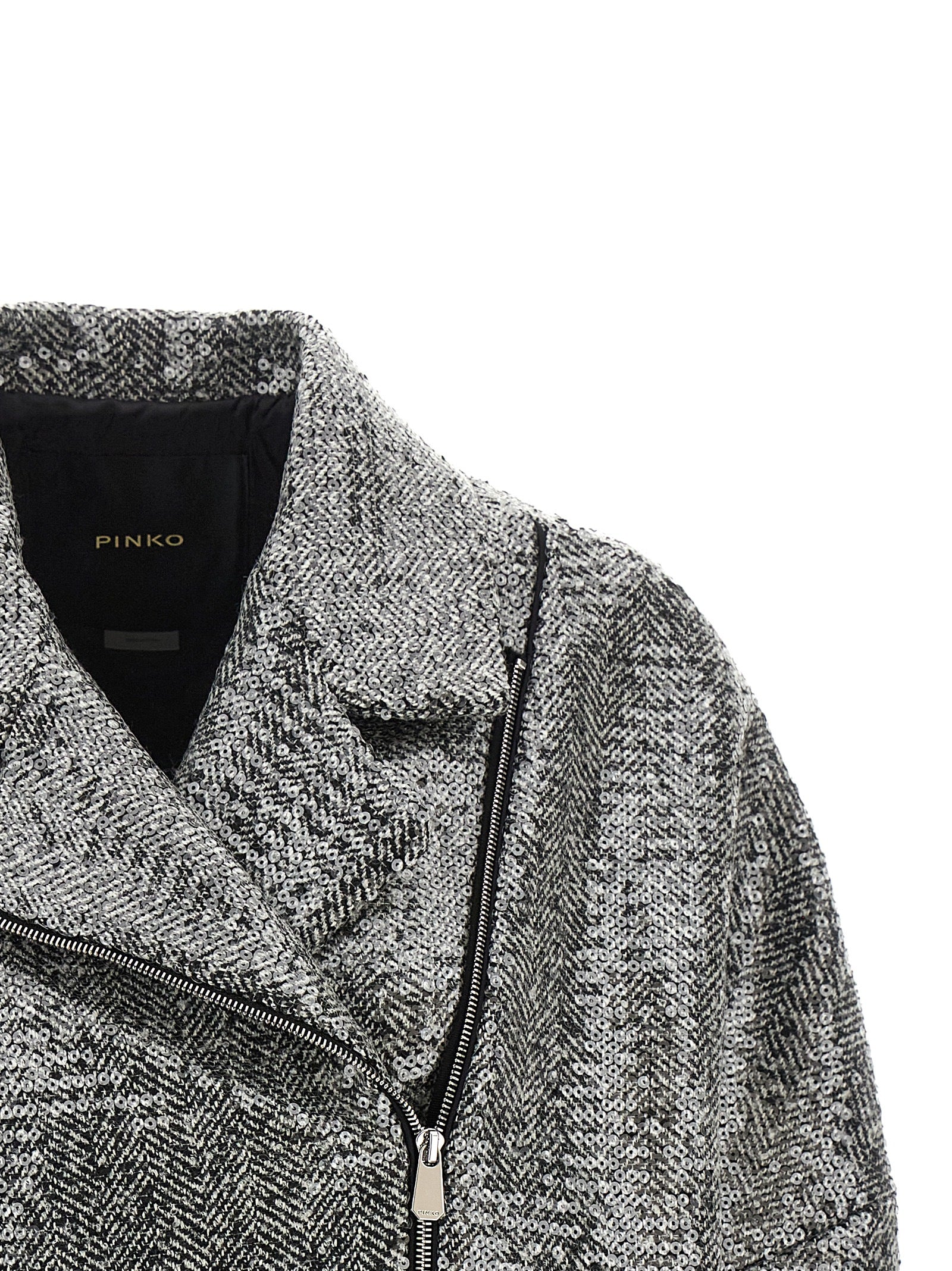 Bomber Jacket by PINKO for women in poly cotton viscose wool sequins black, silver, patterned & herringbone presents a effortlessly chic silhouette, showcasing a sophisticated and premium for a truly effortlessly chic finish.