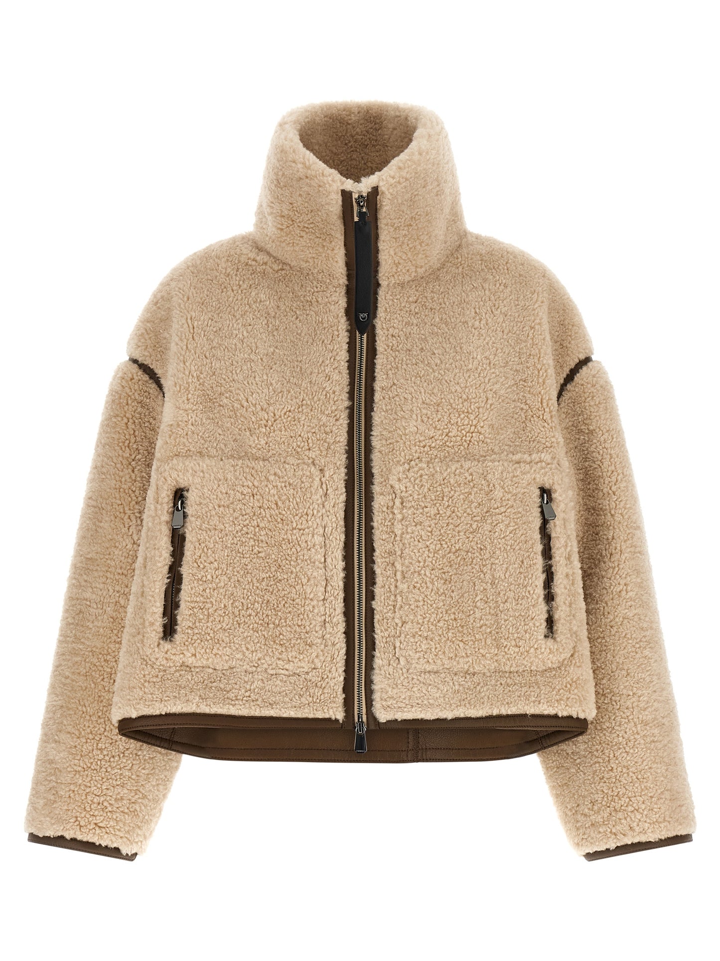 Overcoat by PINKO for women in polyester beige showcases a architectural silhouette, artfully detailed with a distinctive high-neck neckline and functional for a architectural finish.