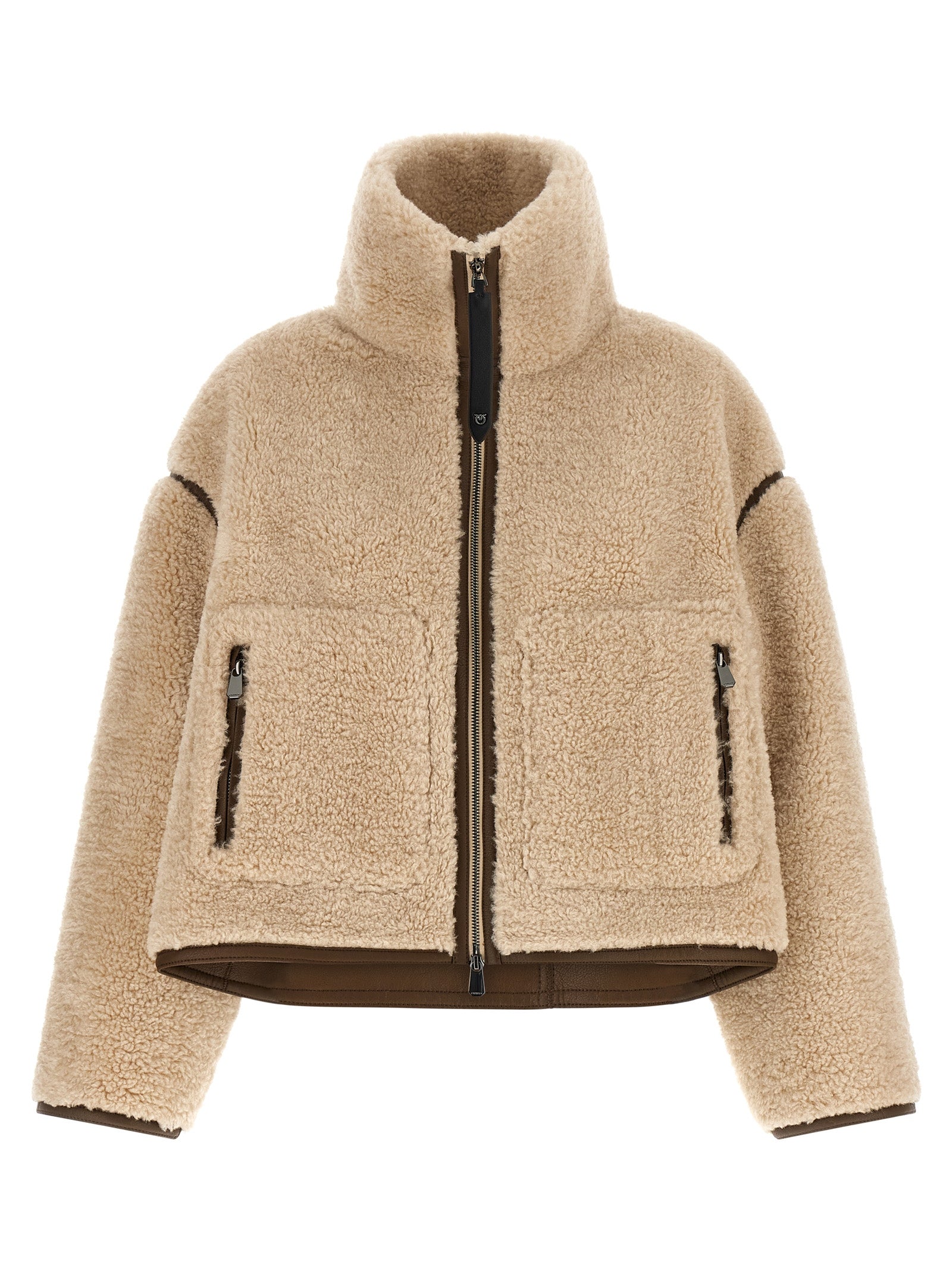 Overcoat by PINKO for women in polyester beige showcases a architectural silhouette, artfully detailed with a distinctive high-neck neckline and functional for a architectural finish.