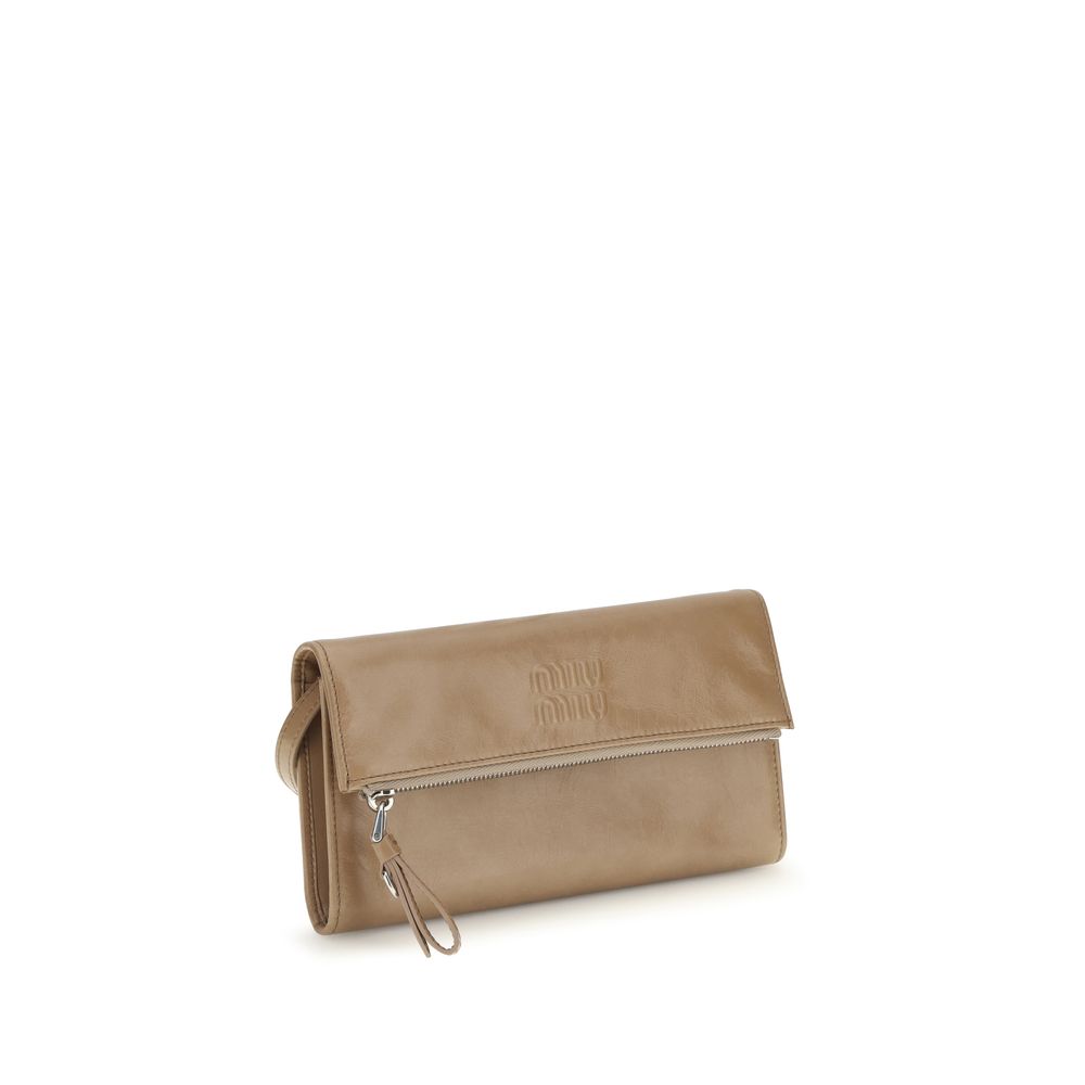 Small Evening Pouch Clutch Handbag by Miu Miu for women in bos taurus calf leather beige showcases a sculptural silhouette, featuring a secure zipper, ample , and versatile for a sculptural aesthetic.