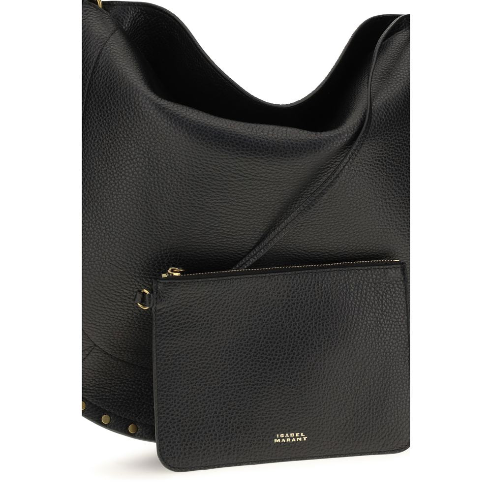 Shoulder Pouch Hobo Bag by Isabel Marant for women in bos taurus calfskin leather black, gold & signature features an effortlessly chic silhouette with a secure zipper & magnetic, ample , and versatile shoulder-strap & handle for effortlessly chic everyday luxury.
