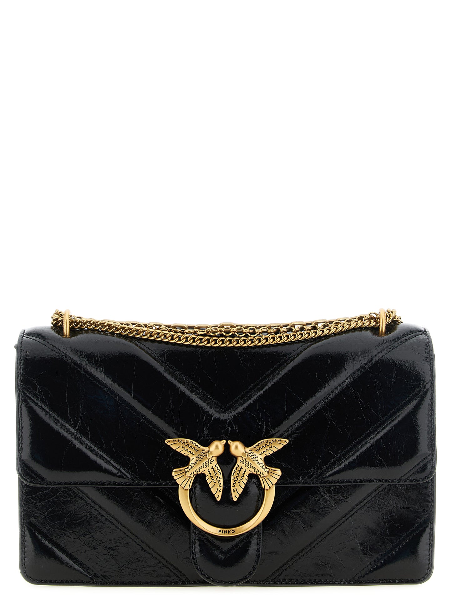Shoulder Bag by PINKO for women in calfskin leather black, gold & chevron features a distinguished silhouette, showcasing a secure zipper & buckle and distinguished with versatile shoulder-strap for a distinguished finish.