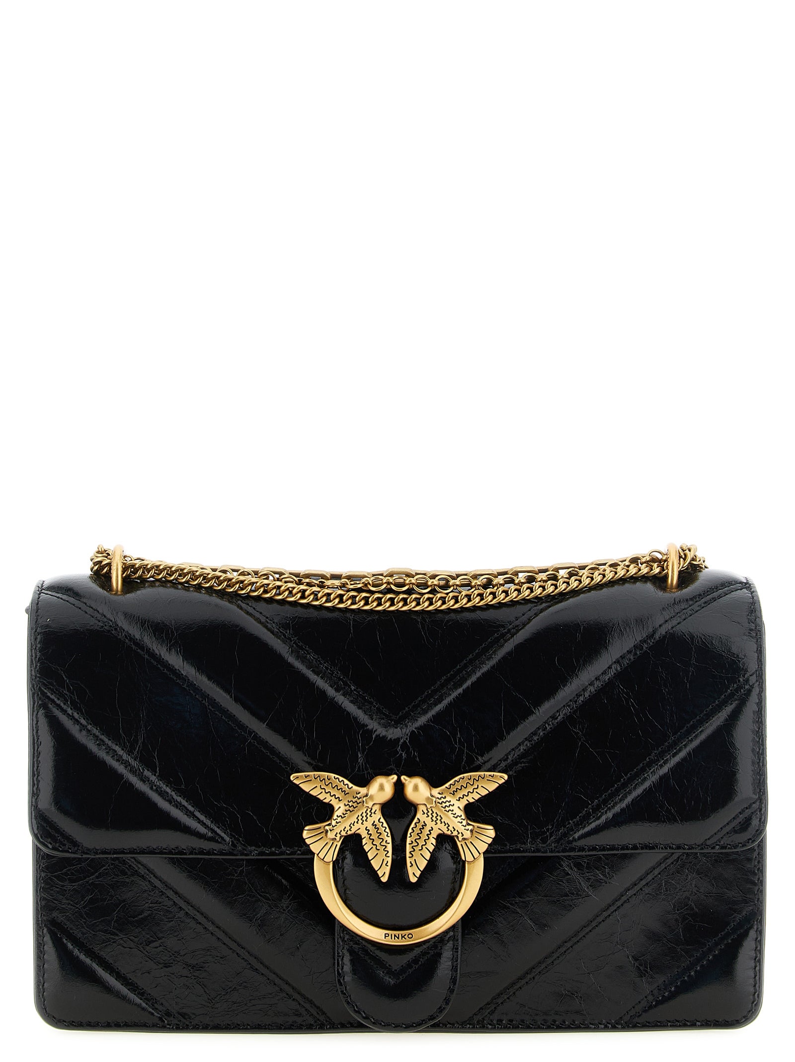 Shoulder Bag by PINKO for women in calfskin leather black, gold & chevron features a distinguished silhouette, showcasing a secure zipper & buckle and distinguished with versatile shoulder-strap for a distinguished finish.