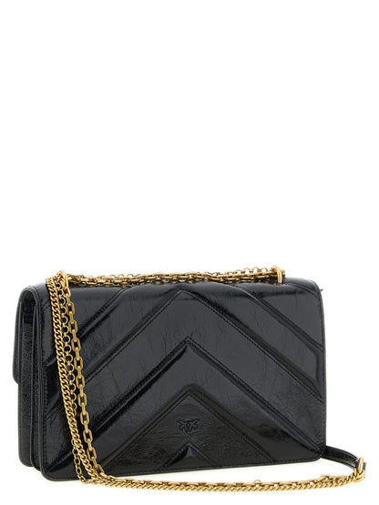 Shoulder Bag by PINKO for women in calfskin leather black, gold & chevron presents a versatile silhouette, showcasing a secure zipper & buckle and versatile with versatile shoulder-strap for a sophisticated look.