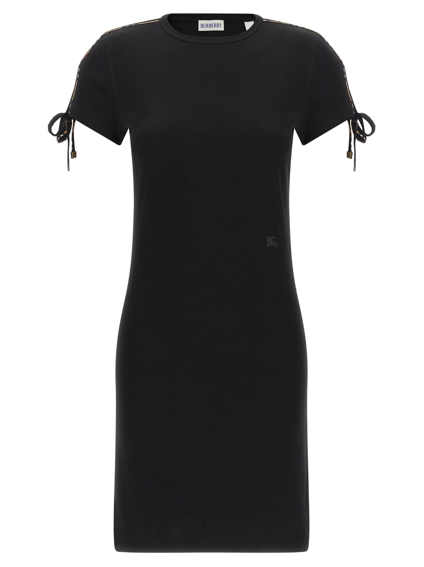 Dress by Burberry for women in stretch cotton black features an sultry silhouette defined by a and short-sleeve, falling to an sultry short for a sultry look.