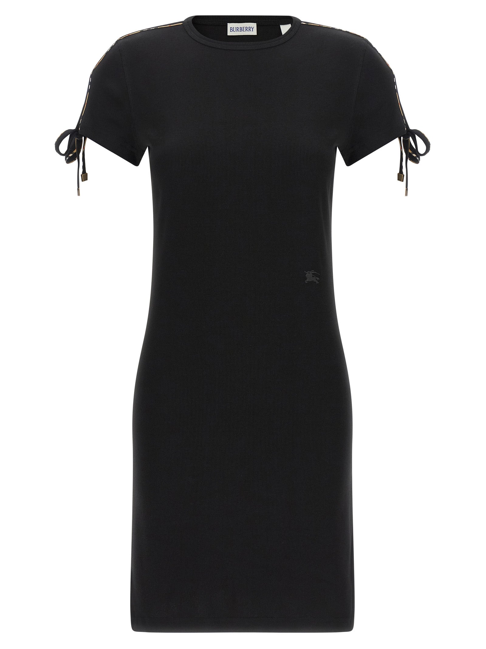 Dress by Burberry for women in stretch cotton black features an sultry silhouette defined by a and short-sleeve, falling to an sultry short for a sultry look.
