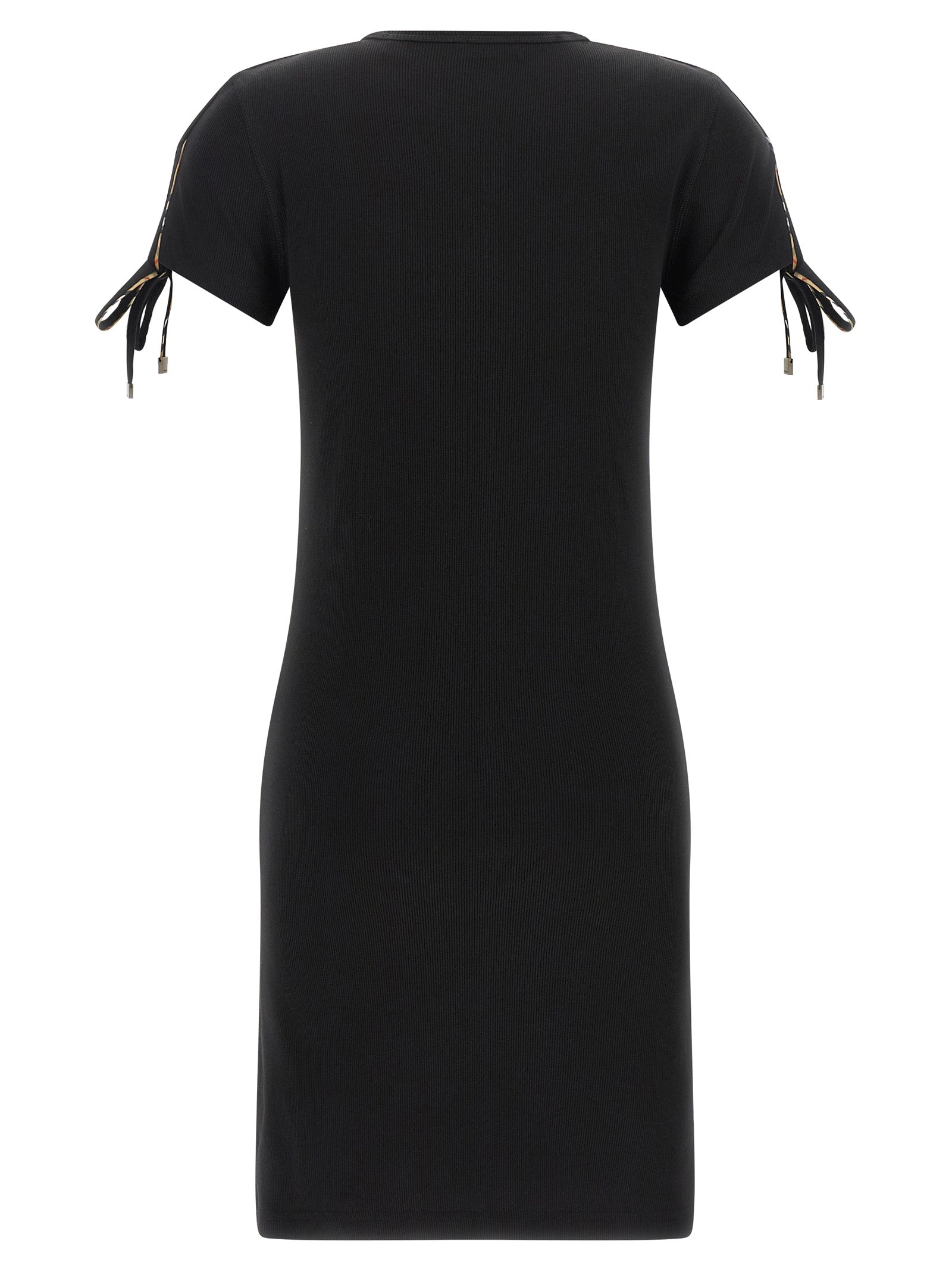 Dress by Burberry for women in stretch cotton black presents a sinuous silhouette, showcasing a sophisticated and detailed with a sinuous short for a refined finish.