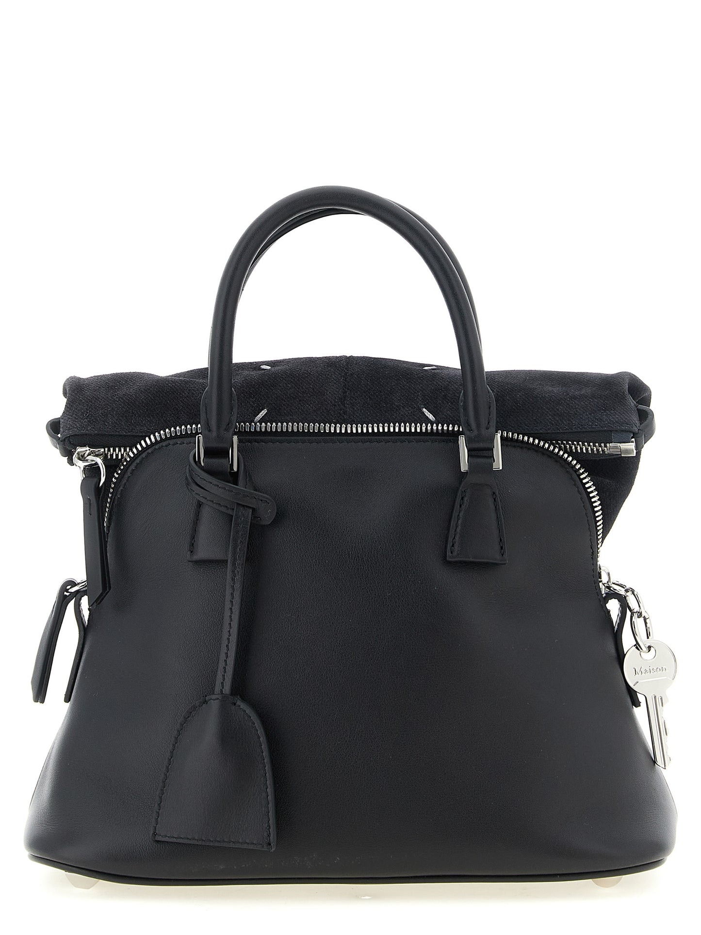Small 2-in-1 Shoulder & Crossbody Bag by Maison Margiela for women in bos taurus suede calf leather black, silver & signature presents a versatile silhouette, showcasing a secure zipper and versatile with versatile crossbody-strap, shoulder-strap, adjustable-strap & handle for a sophisticated look.