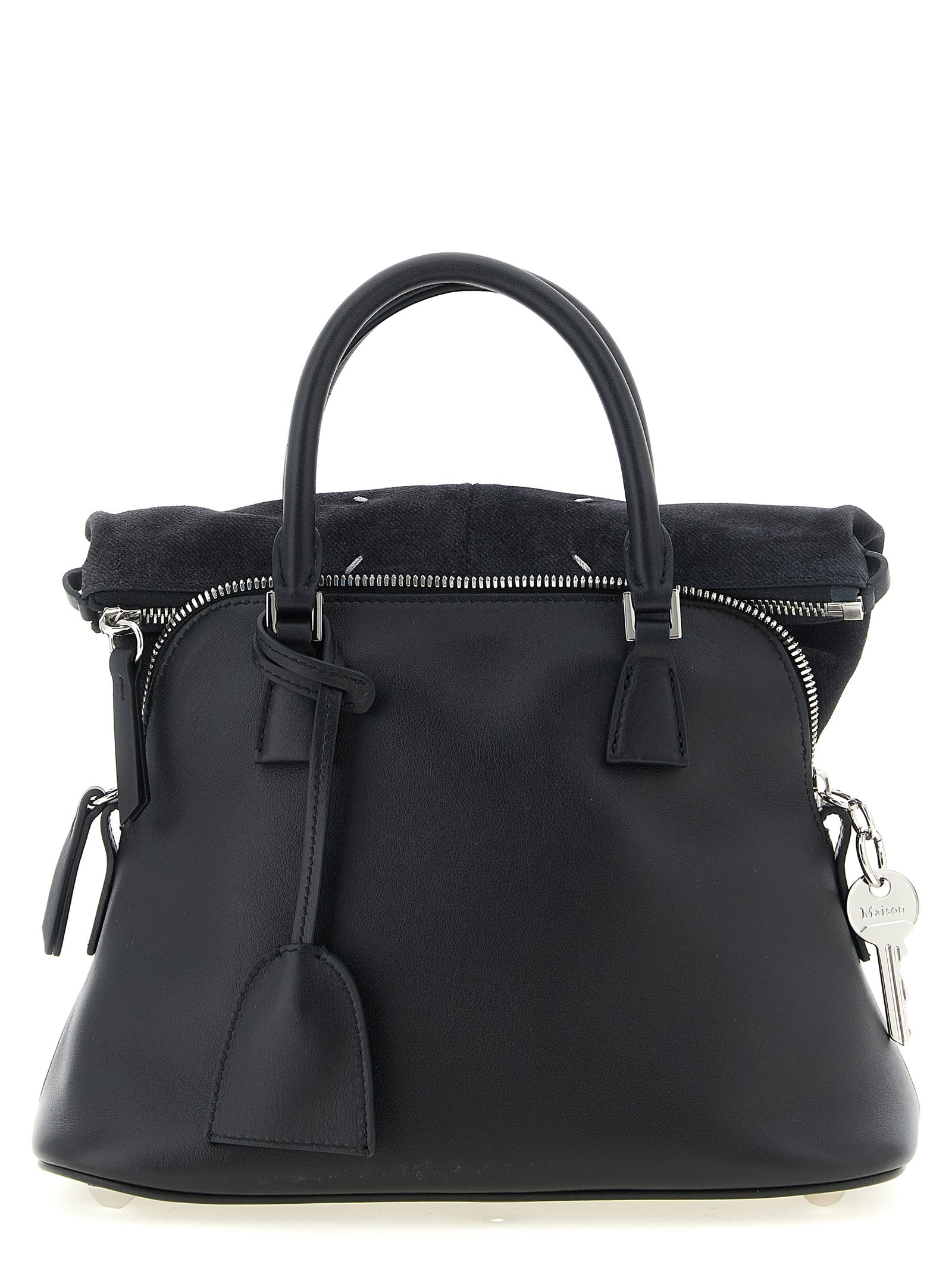 Small 2-in-1 Shoulder & Crossbody Bag by Maison Margiela for women in bos taurus suede calf leather black, silver & signature presents a versatile silhouette, showcasing a secure zipper and versatile with versatile crossbody-strap, shoulder-strap, adjustable-strap & handle for a sophisticated look.