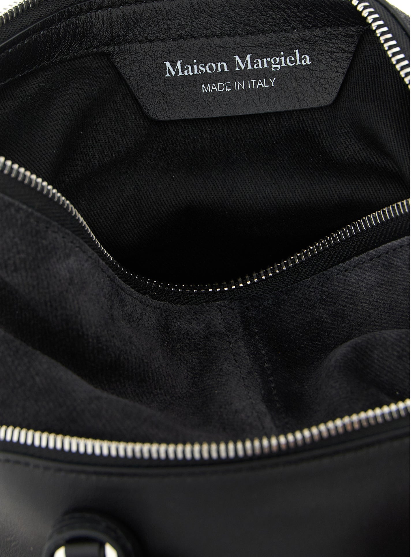 Small 2-in-1 Shoulder & Crossbody Bag by Maison Margiela for women in bos taurus suede calf leather black, silver & signature features a effortless chic silhouette with a secure zipper, ample , and versatile crossbody-strap, shoulder-strap, adjustable-strap & handle for a effortless chic finish.