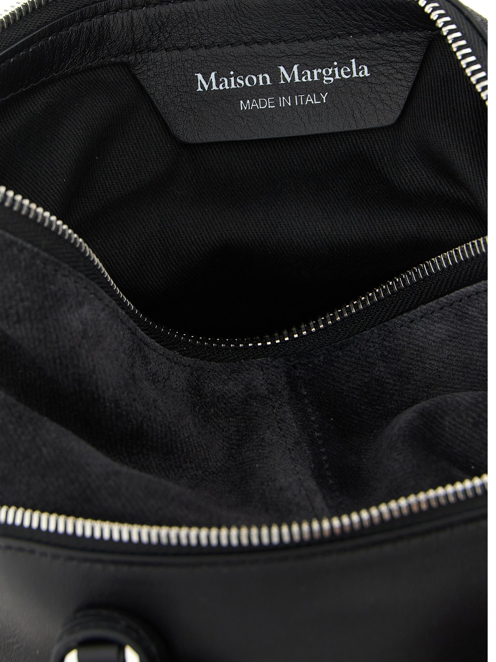 Small 2-in-1 Shoulder & Crossbody Bag by Maison Margiela for women in bos taurus suede calf leather black, silver & signature features a effortless chic silhouette with a secure zipper, ample , and versatile crossbody-strap, shoulder-strap, adjustable-strap & handle for a effortless chic finish.