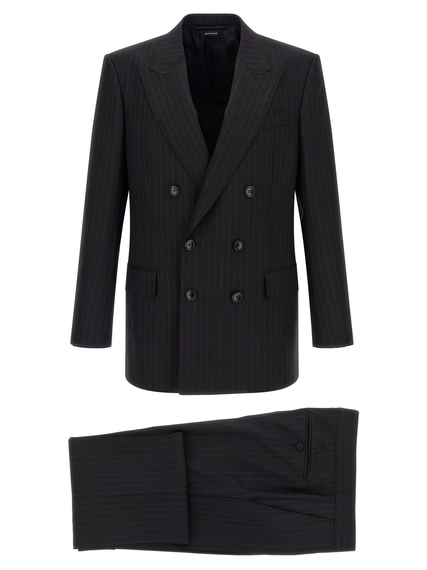 Pant Suit by Tom Ford for men in wool black, pinstripe & striped presents a nuanced silhouette, showcasing a nuanced and nuanced straight-leg for an elevated aesthetic.