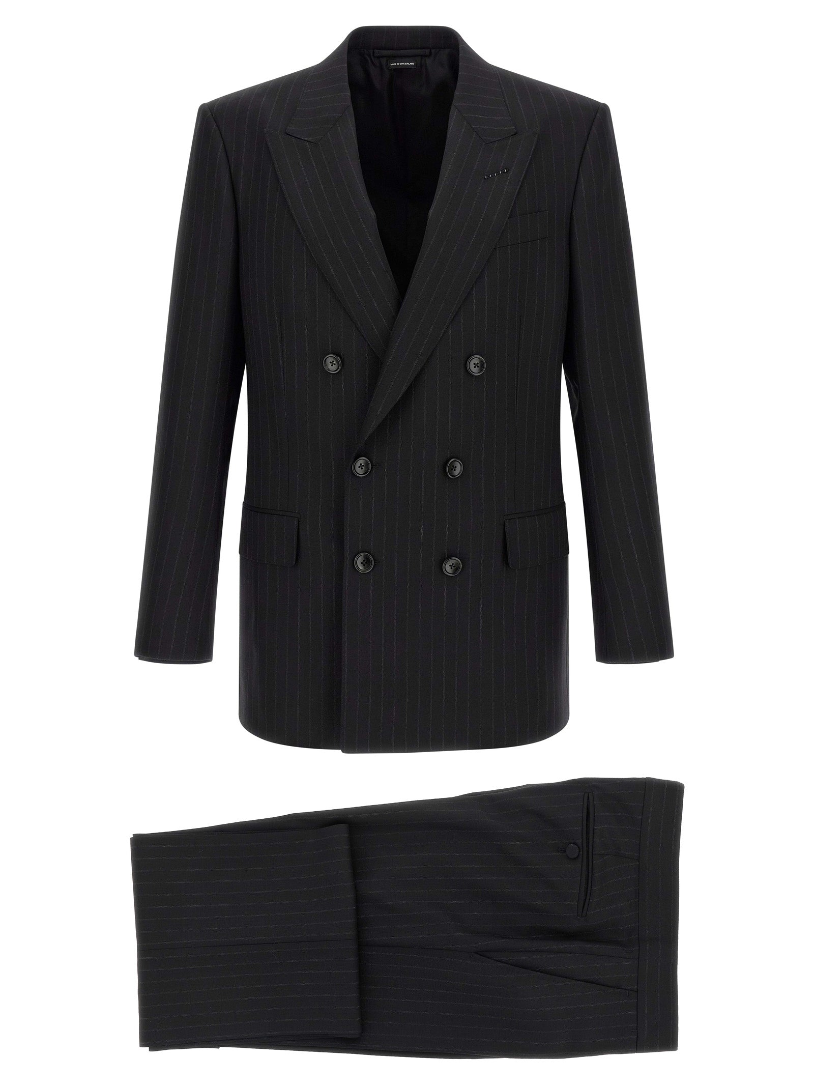 Pant Suit by Tom Ford for men in wool black, pinstripe & striped presents a nuanced silhouette, showcasing a nuanced and nuanced straight-leg for an elevated aesthetic.