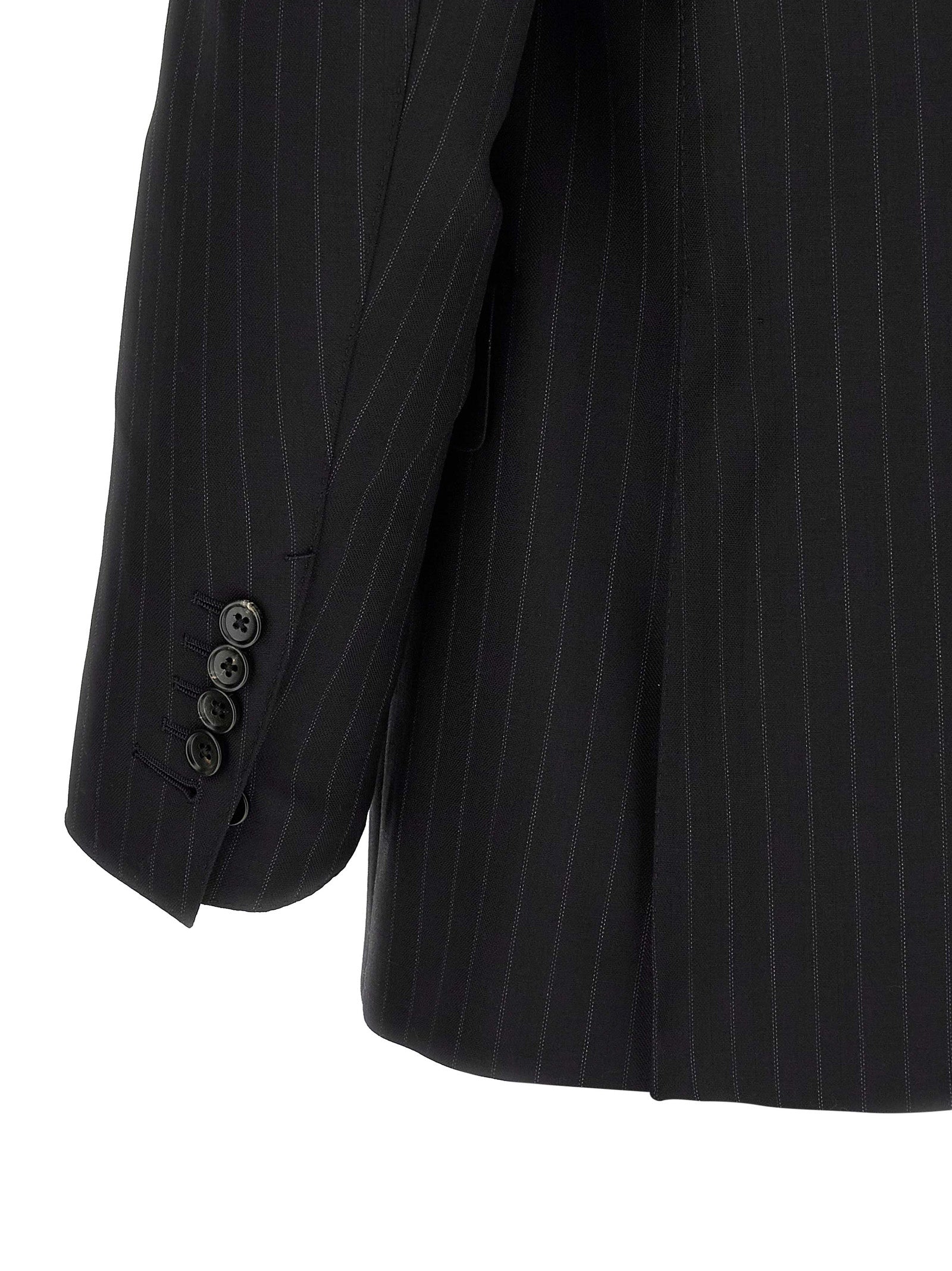 Pant Suit by Tom Ford for men in wool black, pinstripe & striped features a tailored silhouette, showcasing a sophisticated and tailored straight-leg for a refined, professional look.