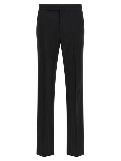 Pant Suit by Tom Ford for men in wool black, pinstripe & striped showcases an bespeak silhouette, artfully detailed with a sophisticated and an bespeak straight-leg for a refined finish.