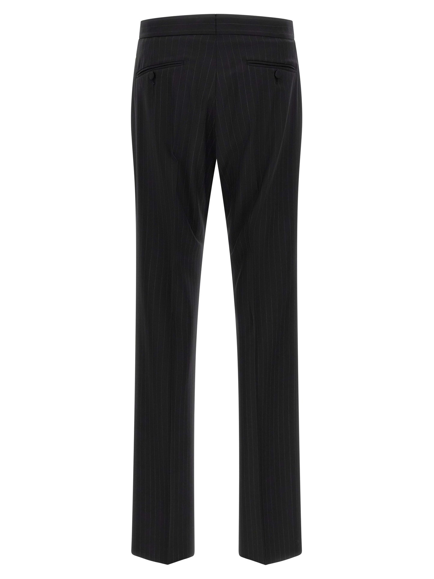 Pant Suit by Tom Ford for men in wool black, pinstripe & striped presents a sharp silhouette, artfully finished with a sharp and a sophisticated straight-leg for a truly sharp look.