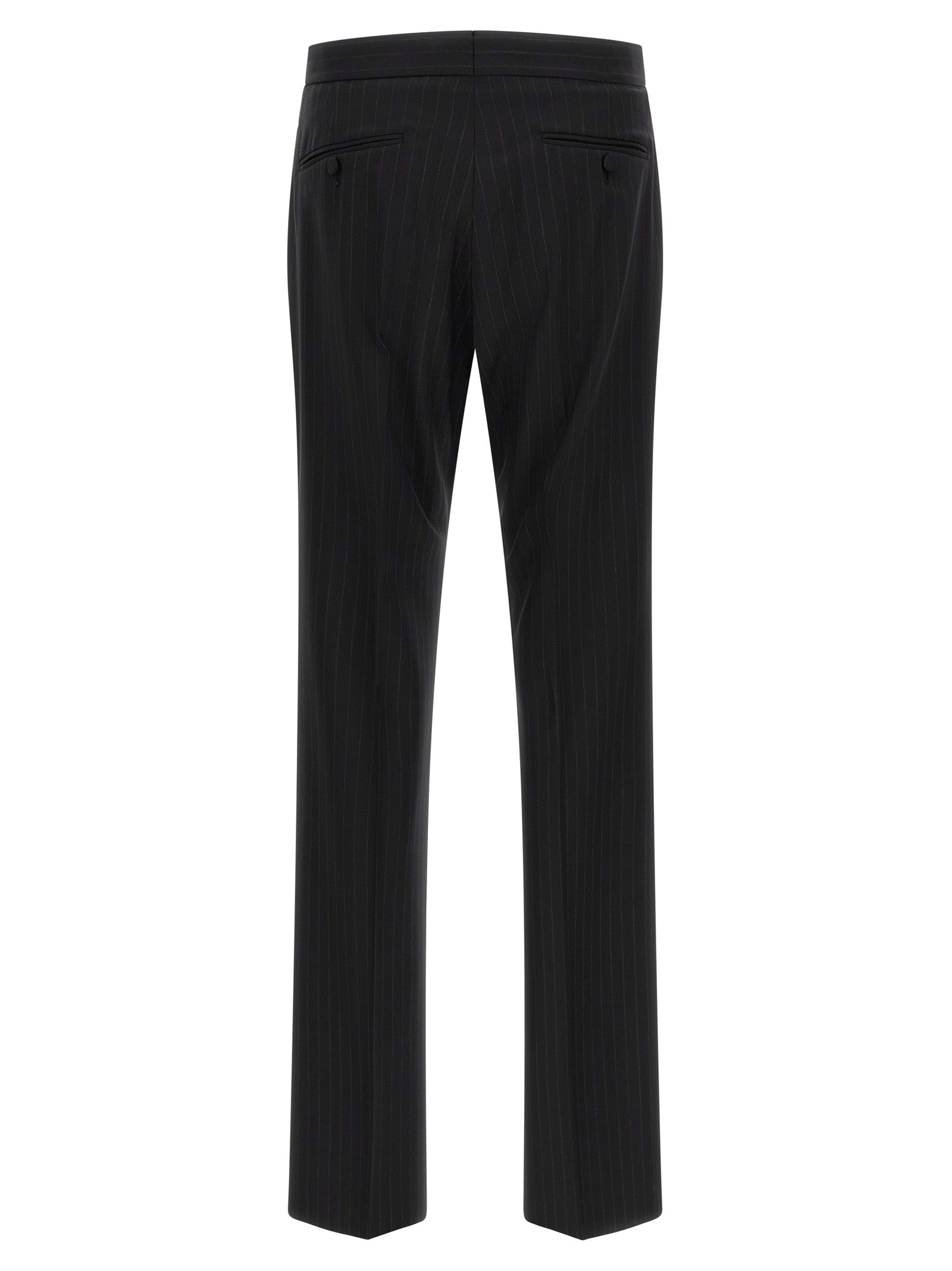 Pant Suit by Tom Ford for men in wool black, pinstripe & striped presents a sharp silhouette, artfully finished with a sharp and a sophisticated straight-leg for a truly sharp look.