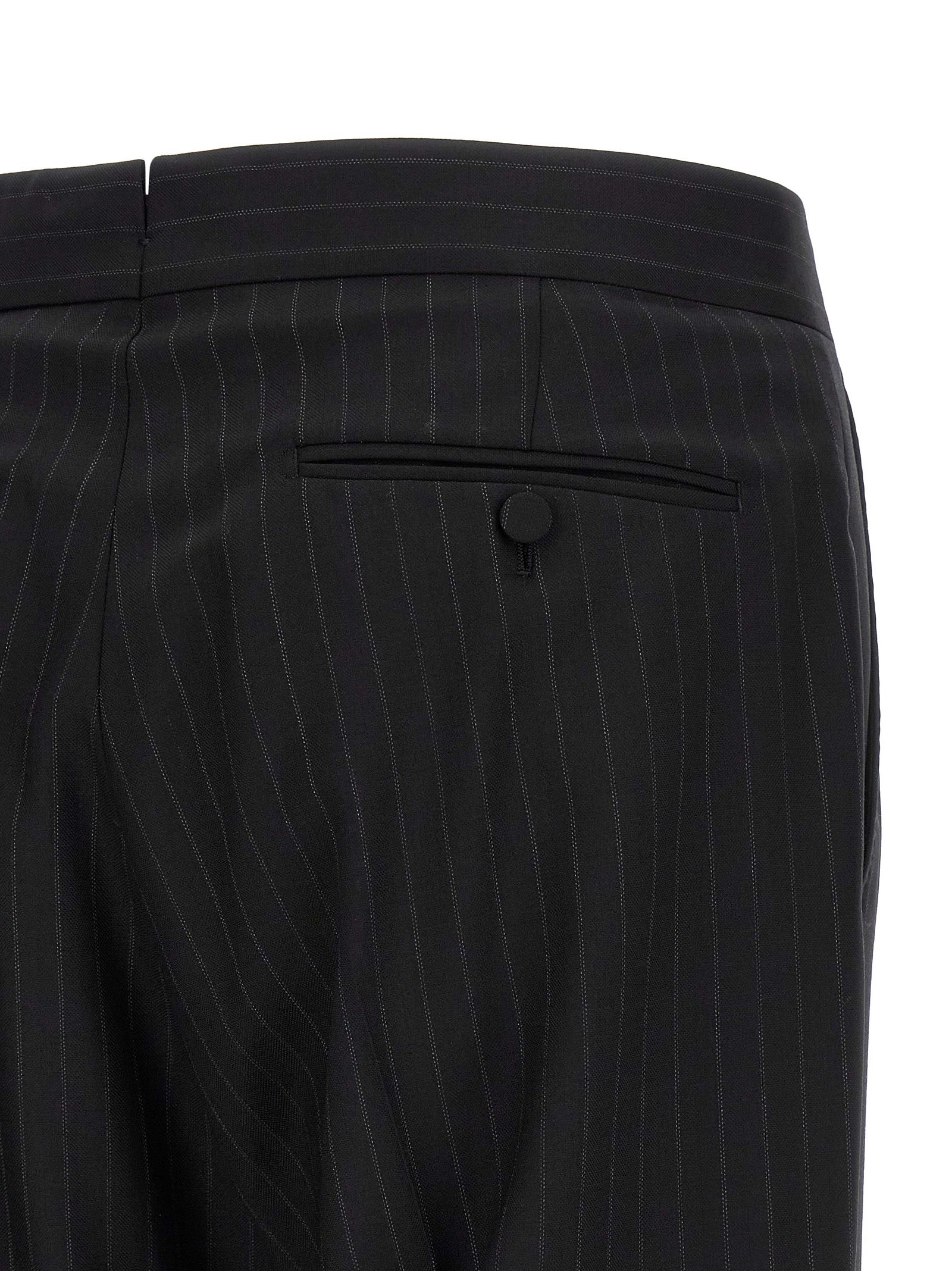 Pant Suit by Tom Ford for men in wool black, pinstripe & striped presents a nuanced silhouette, showcasing a nuanced and nuanced straight-leg for an elevated aesthetic.