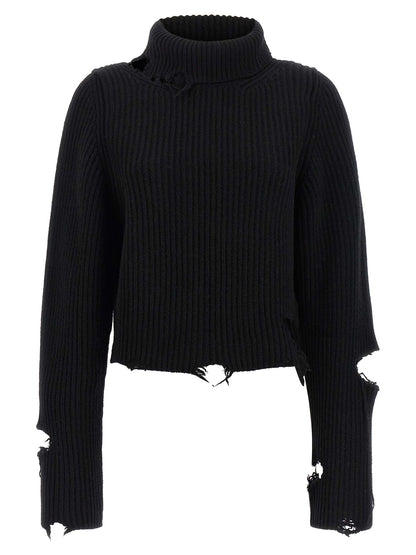 Haikure Play Women's Crop Top Relaxed Fit Cropped Turtleneck Merino Wool Cardigan - Black