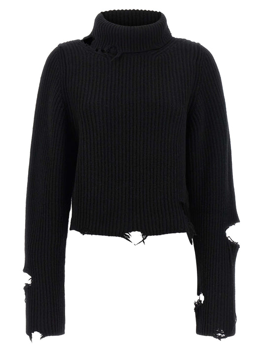 Haikure Play Women's Crop Top Relaxed Fit Cropped Turtleneck Merino Wool Cardigan - Black