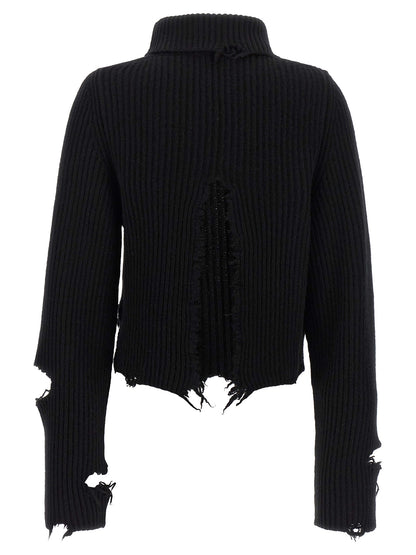 Haikure Play Women's Crop Top Relaxed Fit Cropped Turtleneck Merino Wool Cardigan - Black