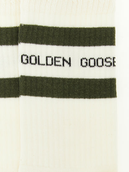Socks by Golden Goose for women in stretch polyamide cotton bicolour, cream, green & signature features a contemporary knit construction, showcasing the sophisticated design of this Women's Stretch Polyamide Cotton Socks with its contemporary finish.