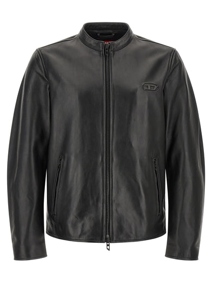 Jacket by Diesel for men in lamb leather black & signature features an utilitarian silhouette with a refined , showcasing sophisticated pockets for an utilitarian aesthetic.