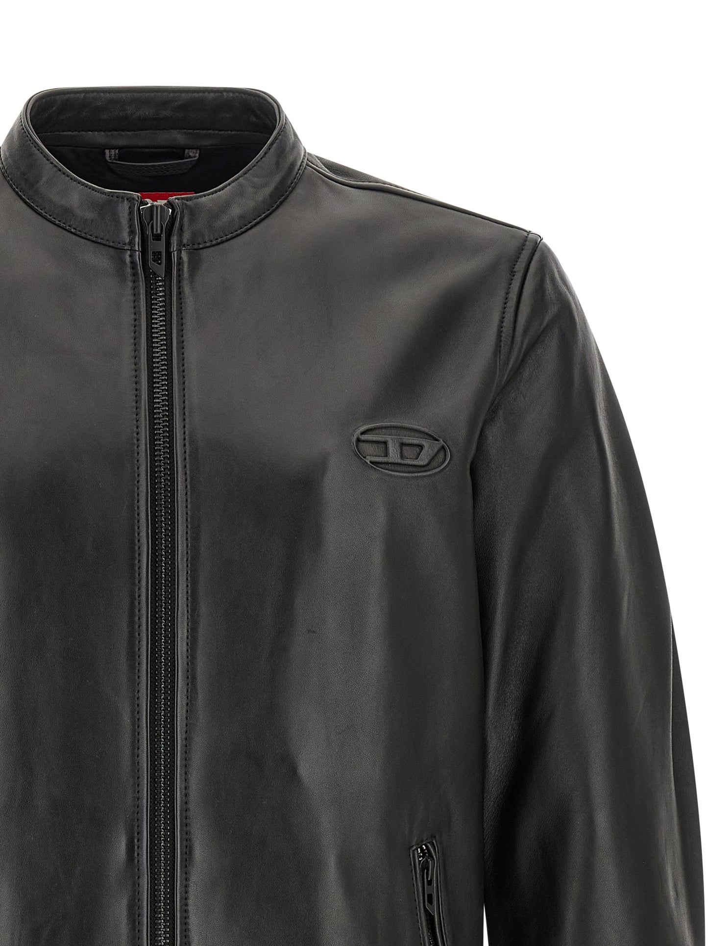 Jacket by Diesel for men in lamb leather black & signature showcases a enveloping silhouette, artfully detailed with a enveloping and premium pockets for a truly enveloping finish.